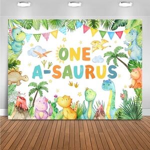 Dinosaur Theme 1 Year Old Backdrop Banner 7x5Ft.